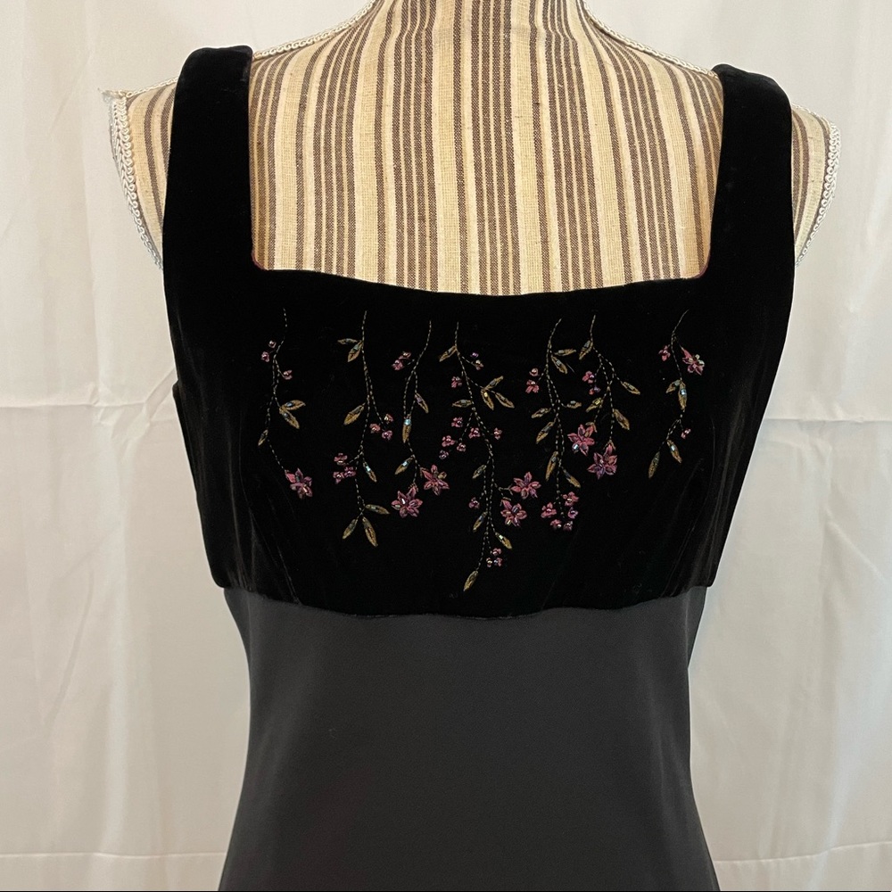 Anne Stanley black embroidered velvet top long flowy sleeveless dress